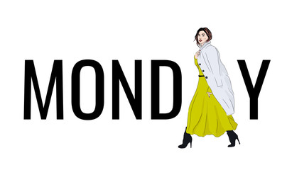 Vector model monday outfit. Fashion illustration girl in contrast maxi dress and coat, beautiful sketch. Casual awesome look. Glamour woman magazine poster