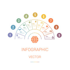  Infographic Template Colourful Pie Chart Semicircle with text areas on 9 positions. White Background. Set of business icons. Business Strategy