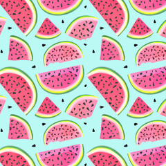 Vector watermelon slices cards.Colorful summer fruit background post with likes. Pink seeds of berries. Hand drawn exotic tropical ornament for share. Modern fabric food