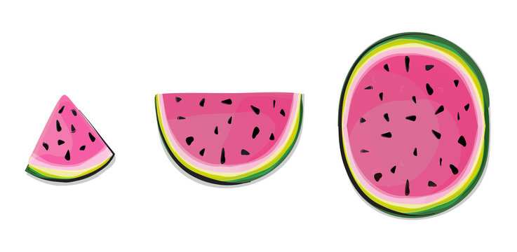 Isolated watermelon slices. Fresh fruits cut in half pink melon in a row isolated on white background with clipping path. Isolated watermelons. Collection of whole and cut watermelon fruits