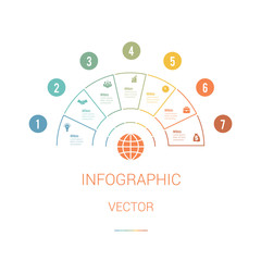 Infographic Template Colourful Pie Chart Semicircle with text areas on 7 positions. White Background. Set of business icons. Business Strategy