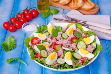 Tuna salad with lettuce leaves, boiled eggs, tomatoes, cucumbers, onions and basil