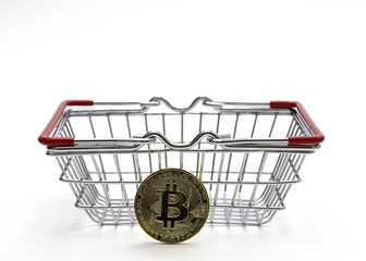 bitcoin money with Shopping Cart On White Background Shot In Studio