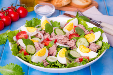 Tuna salad with lettuce leaves, boiled eggs, tomatoes, cucumbers, onions and basil