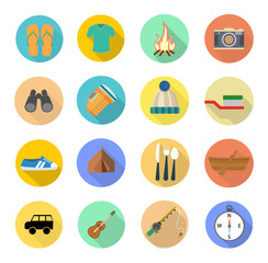 Camping elements. Set of camping objects, tent, trailer, backpack, guitar, camera, fire, bowl, guitar, gas balloon, map, compass, binoculars, axe. Design elements illustration flat.