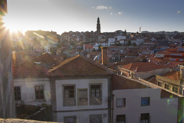 Sunset in porto with the view over the roofs of the city
