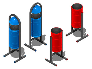 Цветные круглые урны для мусора, голубая и красная. Изометрический рисунок на белом фоне с тенью
