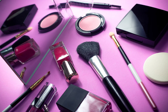 beautiful makeup cosmetic pink pable with mirror and background