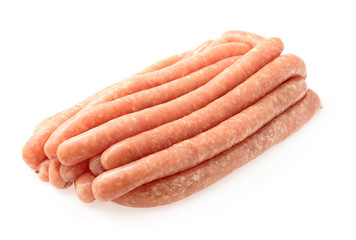 Delicious raw sausages for barbecue. Isolated on a white background.