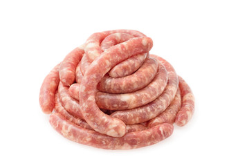 Delicious raw sausages for barbecue. Isolated on a white background.