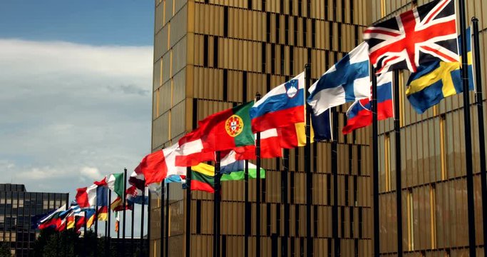 EU countries flags are weaving on the wind in front of European Union Court Of Justice in Luxembourg