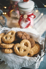 Christmas cookies almond and chocolate on a gray old table, close-up. Copy spase