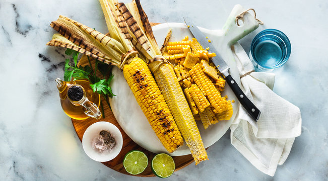 Banner Of Cut Corn From The Corn Cob. Cooking A Summer Light Meal. Salad Or Light Healthy Lunch