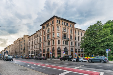 Fototapeta na wymiar Munich, Germany - June 09, 2018: Urban buildings on Maximilianstrasse street in Munich town.
