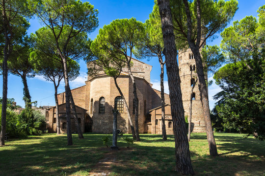 Backview of the Basilica of Sant'Apollinare in Classe, an important site for Byzantine art near Ravenna, Emilia Romagna, Italy