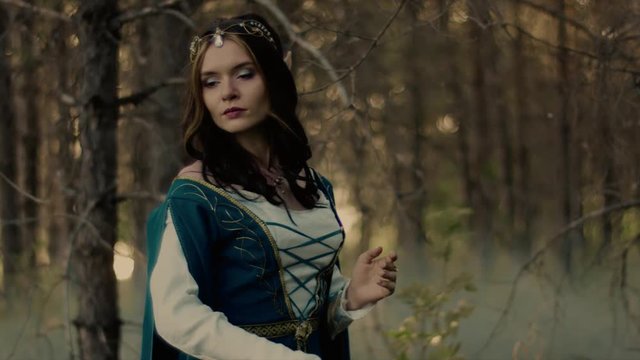 Magical woman dressed as elvish princess posing in a morning forest fog. Beautiful old clothes, crown and rings. Honouring forest spirit.