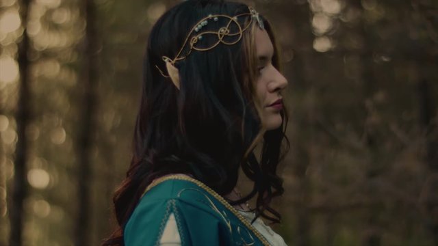 Close up portrait of a gorgeous elvish queen strolling peacefuly in a forest. Female model dressed as faitytale character. Magical creature.
