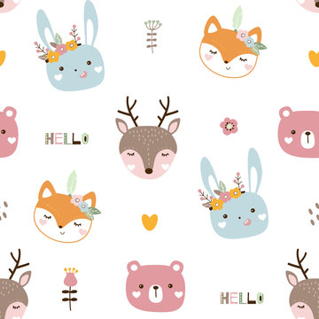 Seamless pattern with cute animals. Kids animals vector illustration