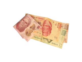 Some mexican peso 50 100 200 and 500 bills isolated on white background