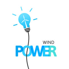 Wind power concept with lightbulb and wind turbine inside. Integrated text and lettering with multiply blend mode.