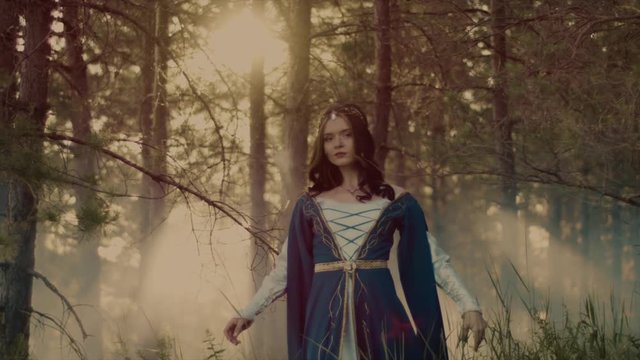 Portrait of a wonderful and mysterious elvish queen walking around in a magical forest. Model enjoying nature in woods. Magical creature.