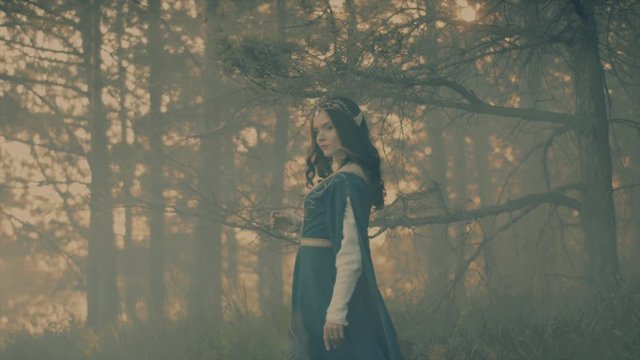 Side view shot of a wonderful lovely female magician wandering in forest in thick fog. Mysterious woman dressed as elf magician.