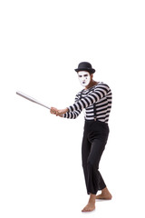 Mime with baseball bat isolated on white