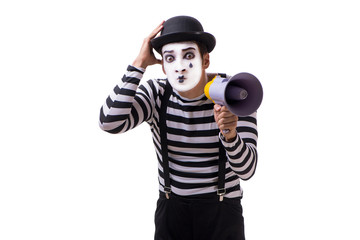 Mime with megaphone isolated on white background