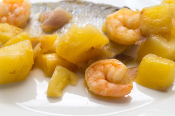 fish dish, shrimp sea bass and potatoes