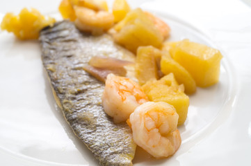 fish dish, shrimp sea bass and potatoes