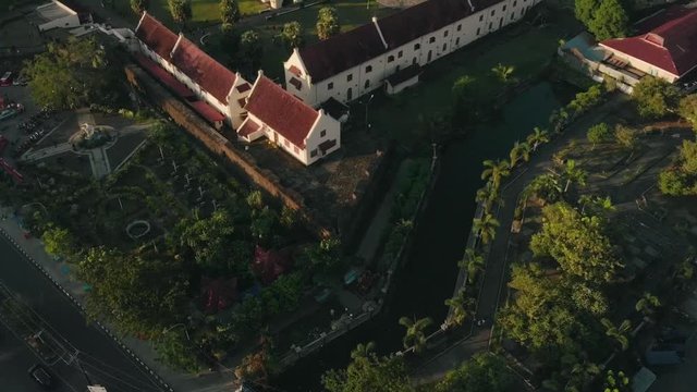 Aerial Drone flight over Fort Rotterdam Makassar giving a bird's eye view of the complex