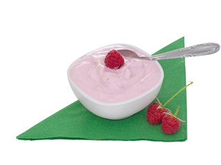 Skyr, healthy Icelandic food, raspoberry flavour on spoon, isolated on white. Similar to yogurt, it is a kind of cheese, a cultured dairy product.