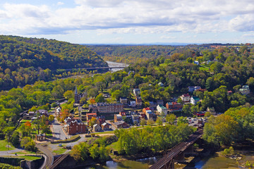 An aerial view on Harpers Ferry historic town and park, West Virginia, USA. Early autumn landscape with Potomac and Shenandoah rivers.