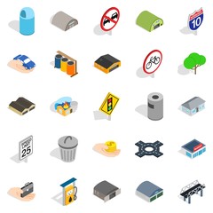 Urban buildings icons set. Isometric set of 25 urban buildings vector icons for web isolated on white background
