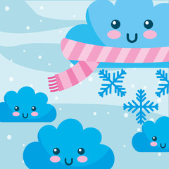 weather winter kawaii cloud with scarf snowflakes