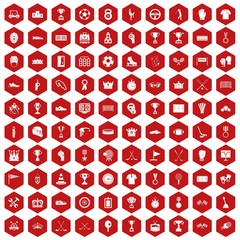 100 awards icons set in red hexagon isolated vector illustration