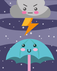 kawaii thunder cloud and umbrella cartoon