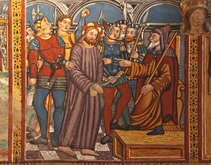 Fototapeta na wymiar Criso davanti al Sommo Sacerdote; affresco nella chiesa di San Pietro a Cembra