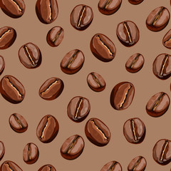 Vector seamless pattern with close-up coffee beans. Background on coffee theme.