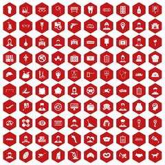 100 favorite work icons set in red hexagon isolated vector illustration