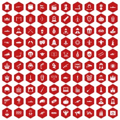 100 film icons set in red hexagon isolated vector illustration