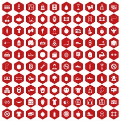100 gym icons set in red hexagon isolated vector illustration