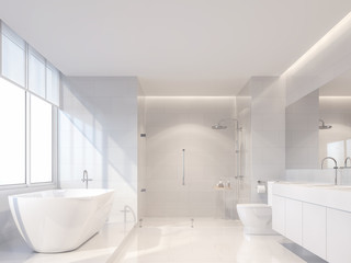 Naklejka na ściany i meble Modern luxury white bathroom 3d render. There are white tile wall and floor.The room has large windows. The sun is shining to inside.