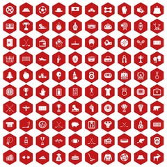 100 hockey icons set in red hexagon isolated vector illustration