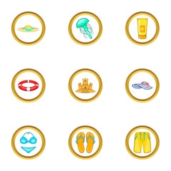 Beach holidays icons set. Cartoon set of 9 beach holidays vector icons for web isolated on white background