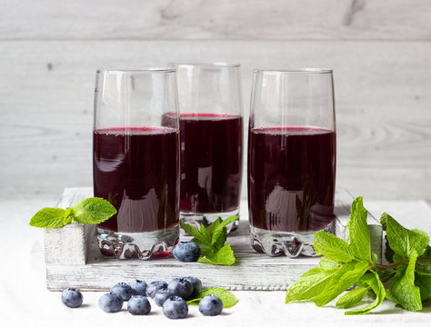 Summer Blueberry Cold Drink (juice, Cocktail, Fruit Tea) With Mint And Fresh Blueberries. Cold Refreshing Beverage.