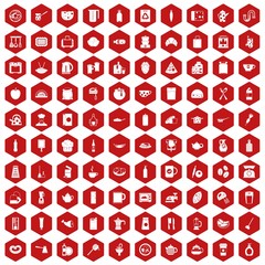 Fototapeta na wymiar 100 kitchen icons set in red hexagon isolated vector illustration