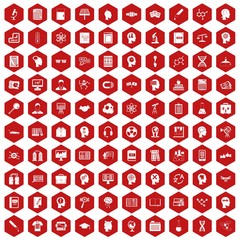 100 knowledge icons set in red hexagon isolated vector illustration