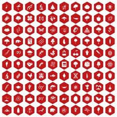 100 microbiology icons set in red hexagon isolated vector illustration