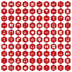 100 microphone icons set in red hexagon isolated vector illustration